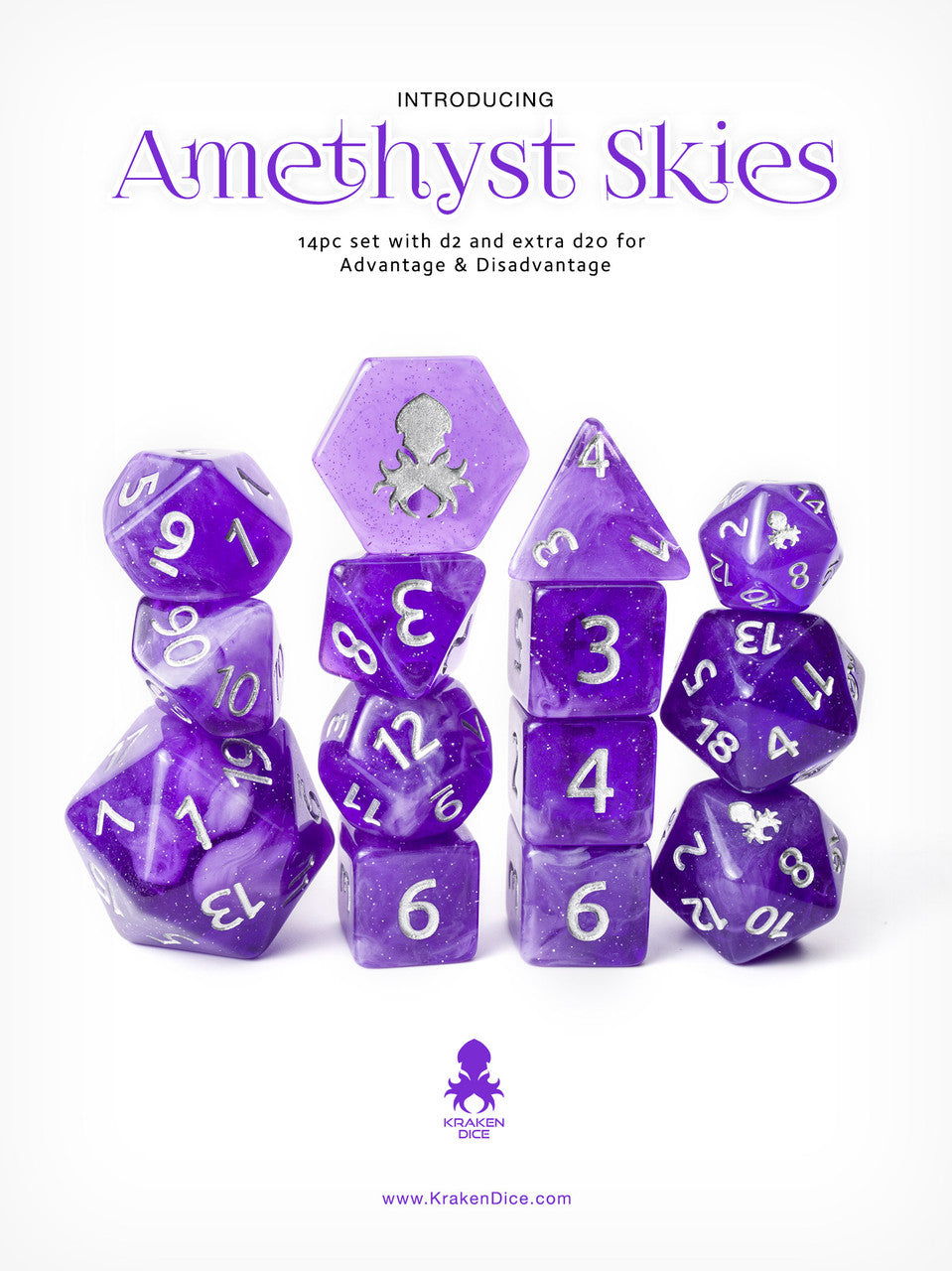 Amethyst Skies 14pc Silver Ink with Kraken Logo Polyhedral Dice Set for RPGS